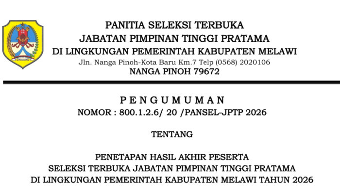 Hasil Akhir Seleksi JPT Pratama Melawi 2026 Ditetapkan, Tiga Besar di Setiap Jabatan Diumumkan
