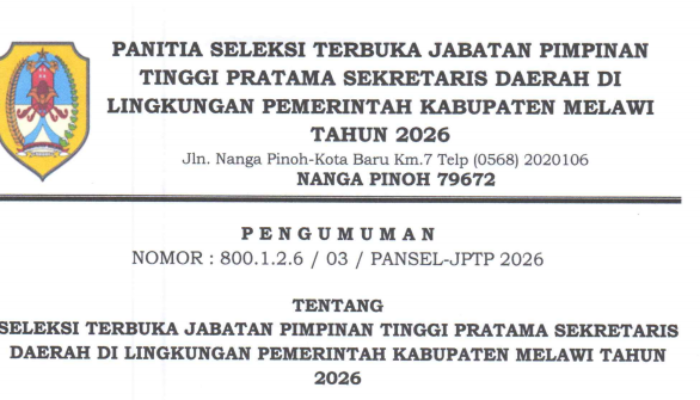 Seleksi Terbuka Sekda Melawi 2026 Dibuka, Pendaftaran Berlangsung hingga 29 September